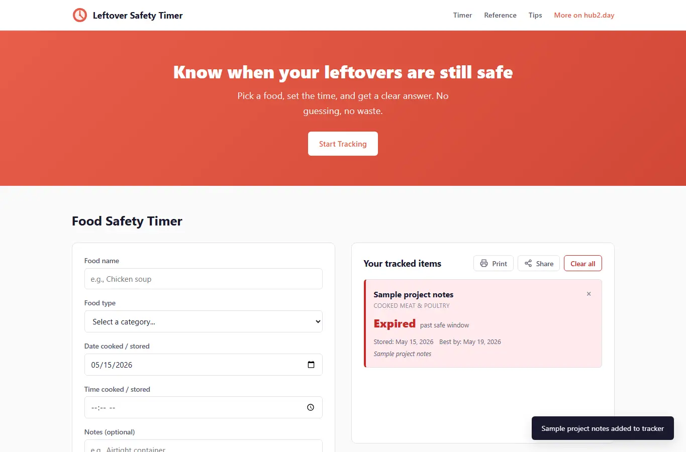 Screenshot of Leftover Safety Timer interface showing the project page in use